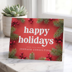Carte Joyeuses Vacances Moderne Holly Berry Pine Needles