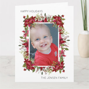 Carte Joyeuses Vacances Rouge Poinsettias Verdure Blanc