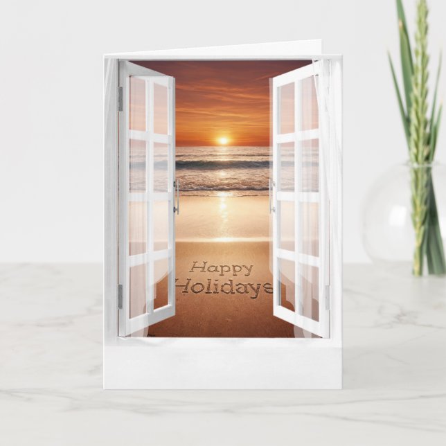 Carte Joyeuses Vacances Vue Océan Dans La Fenêtre (Devant)