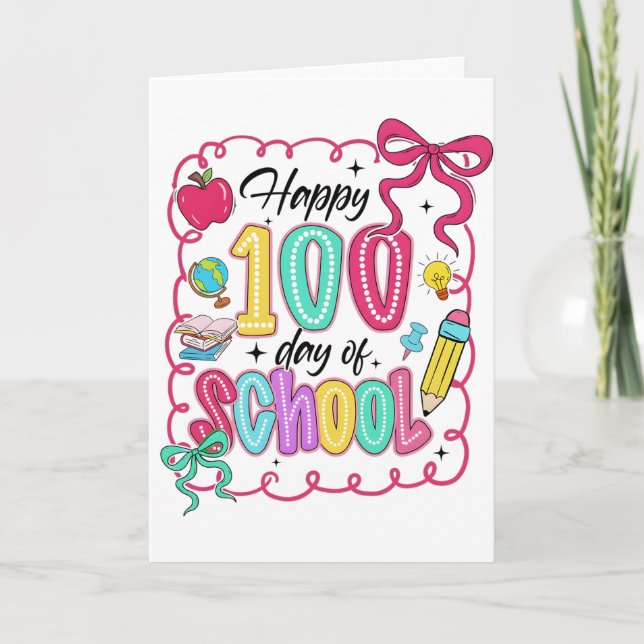 Carte Joyeux 100 Jours d'École Ruban Rose (Devant)