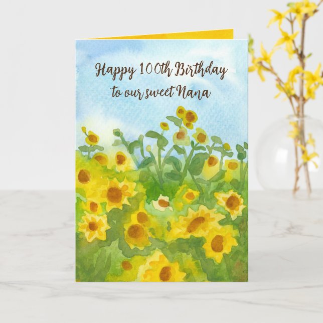 Carte Joyeux 100e anniversaire Nana Sunflowers âge perso (Fleur jaune)
