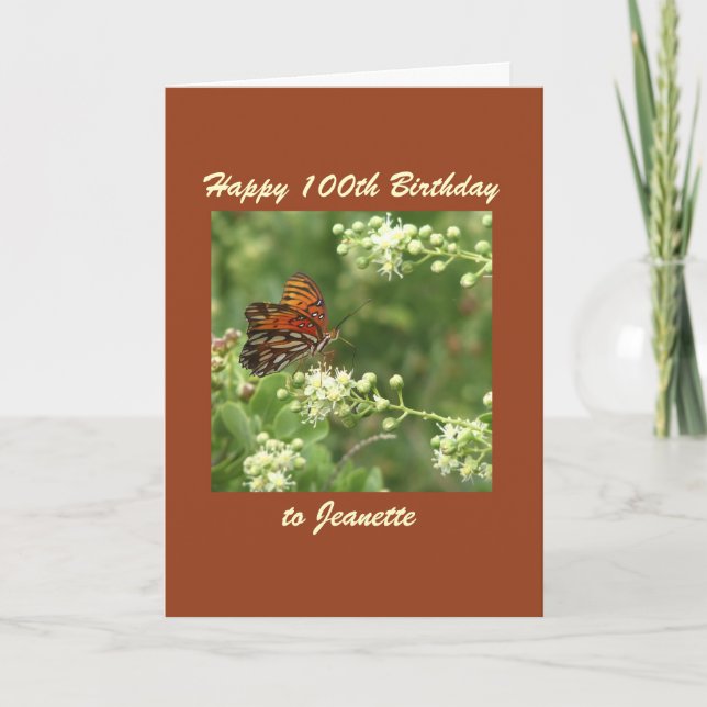 Carte Joyeux 100e anniversaire, nom, papillon orange (Devant)