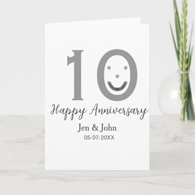 Carte Joyeux 10e anniversaire nom date gris gras émoji (Devant)