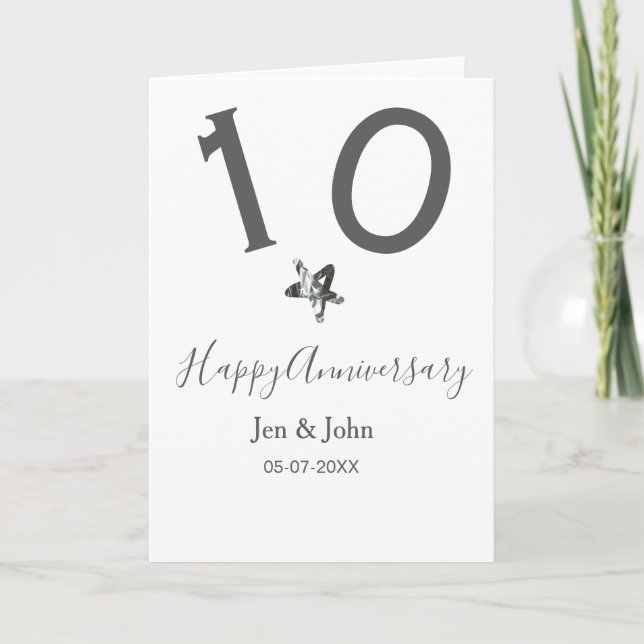 Carte Joyeux 10e anniversaire nom date gris métal étoile (Devant)