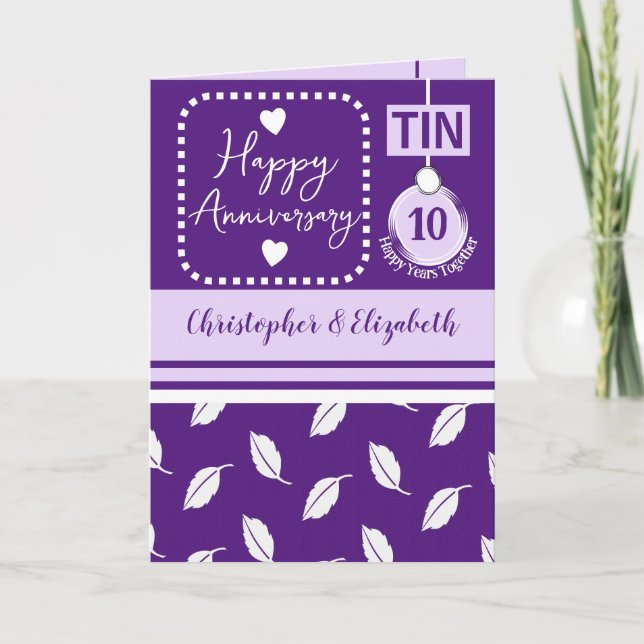 Carte Joyeux 10e anniversaire Tin ajouter des noms viole (Devant)