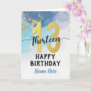 Carte Joyeux 13e anniversaire aquarelle Bleu et or Garço