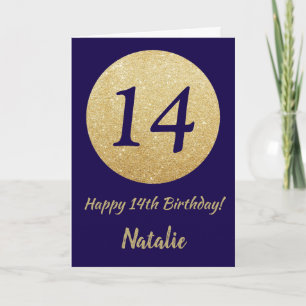 Carte Joyeux 14e Anniversaire Bleu Nuit et Paillettes Do