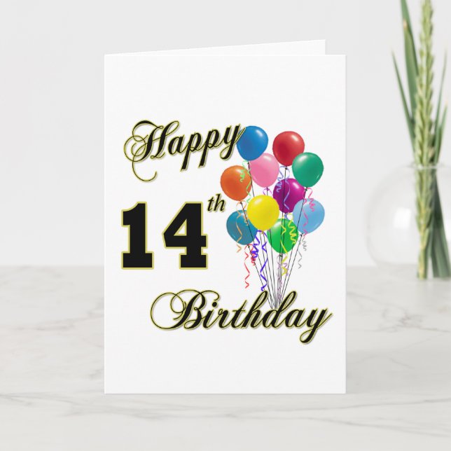 Carte Joyeux 14e anniversaire cadeaux et vêtements d'ann (Devant)