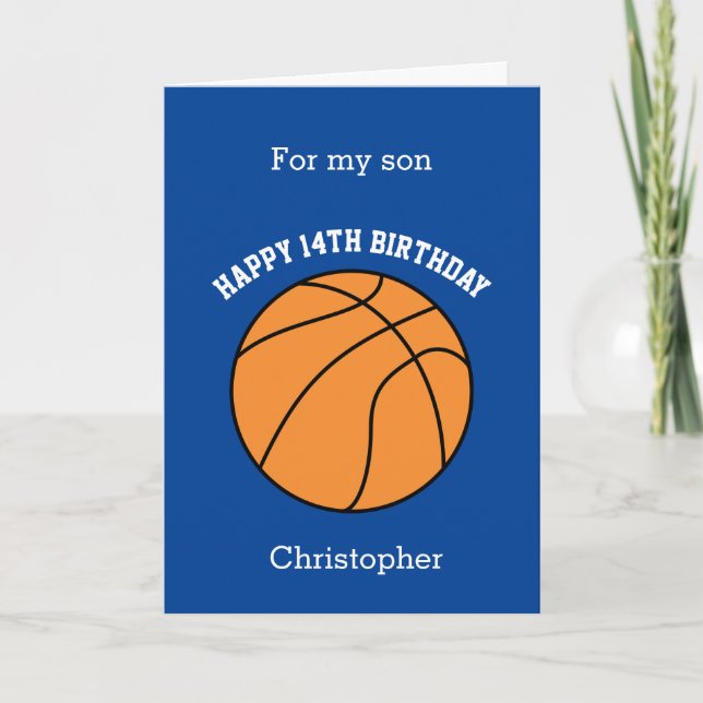 Carte Joyeux 14e Anniversaire Fils Basket-Ball Bleu (Devant)