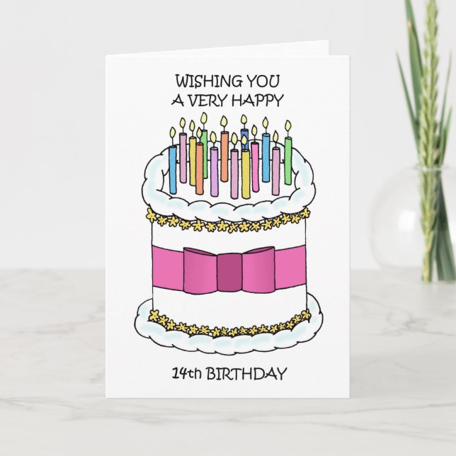 Carte Joyeux 14e anniversaire gâteau et bougies (Devant)