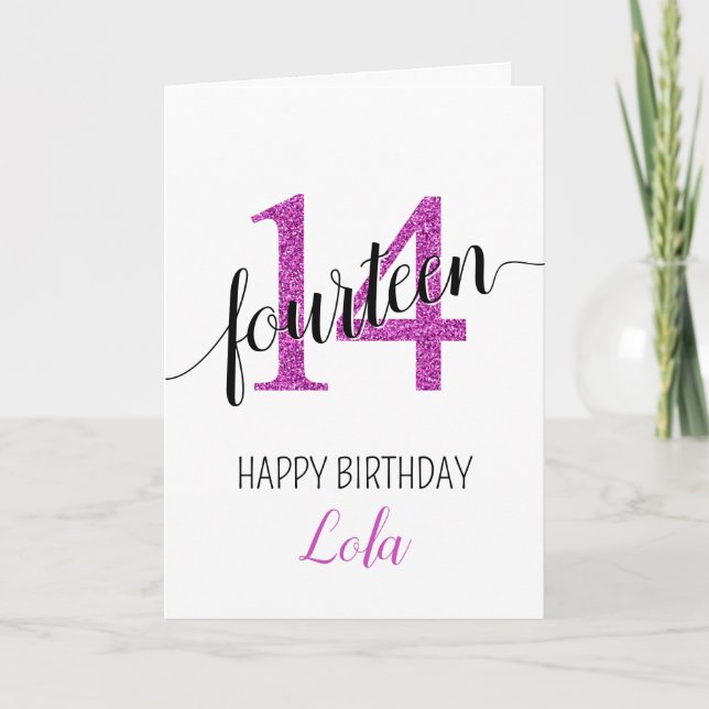 Carte Joyeux 14e anniversaire rose Parties scintillant g (Devant)