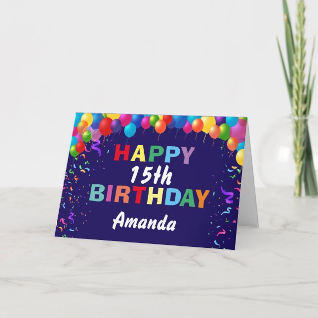 Carte Joyeux 15e anniversaire Ballons colorés Marine Ble (Devant)
