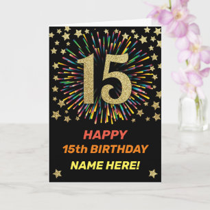 Carte Joyeux 15e anniversaire Black & Gold Rainbow Firew