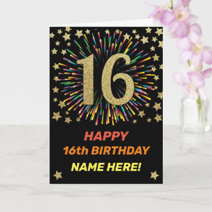Carte Joyeux 16e anniversaire Black & Gold Rainbow Firew