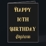 Carte Joyeux 16e anniversaire Or Seize ans personnalisé<br><div class="desc">Conçu avec un modèle de texte jaune doré pour le message "Joyeux Seizième anniversaire" et le modèle de nom personnalisé que vous pouvez modifier à la personnaliser et aussi l'arrière - plan de couleur personnalisé!</div>