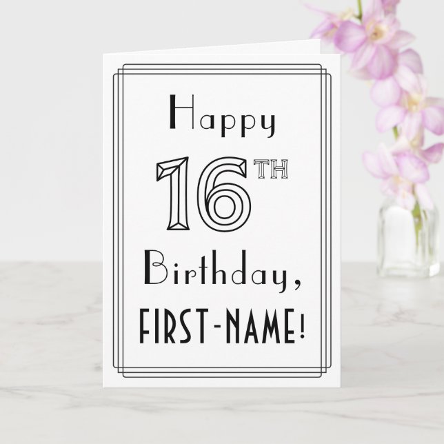Carte Joyeux 16ème anniversaire, style Art Déco avec nom (Orchidée)
