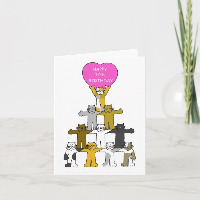 Carte Joyeux 17e Anniversaire Dessins Animés Chats (Devant)