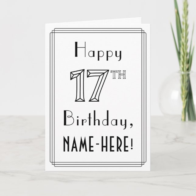 Carte Joyeux 17ème anniversaire, style Art Déco avec nom (Devant)