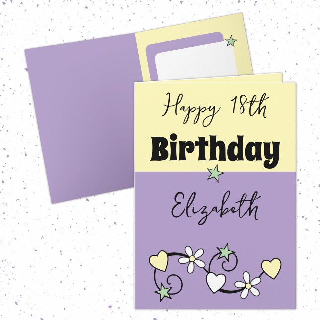 Carte Joyeux 18ème anniversaire nom jaune violet (Créateur téléchargé)
