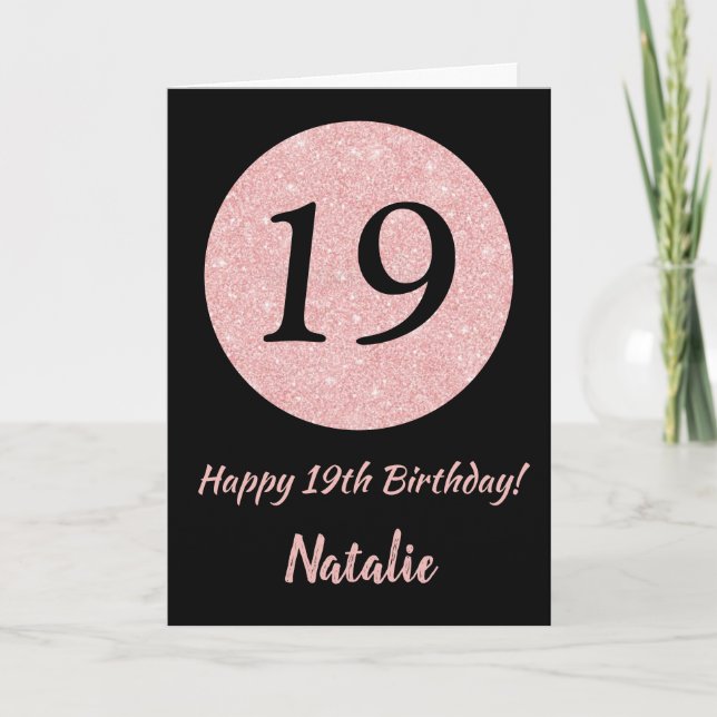 Carte Joyeux 19e anniversaire Noir et Rose Or rose (Devant)