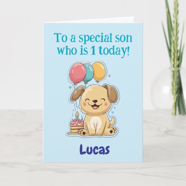 Carte Joyeux 1er anniversaire à un fils spécial, chiot,  (Devant)
