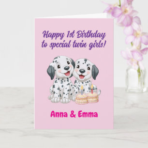 Carte Joyeux 1er Anniversaire Aux Jumelles, Chiots Migno