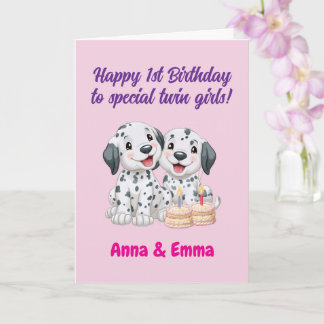 Carte Joyeux 1er Anniversaire Aux Jumelles, Chiots Migno