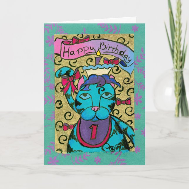 Carte Joyeux 1er Anniversaire Chat (Devant)