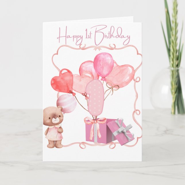 Carte Joyeux 1er anniversaire de mignonne rose (Devant)