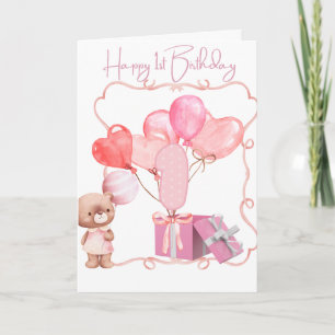 Carte Joyeux 1er anniversaire de mignonne rose