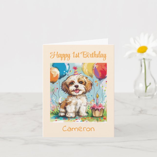 Carte Joyeux 1er anniversaire félicitations, chiot  (Petite plante)