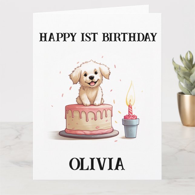 Carte Joyeux 1er Anniversaire Félicitations, Nom & Chiot (Petite plante)