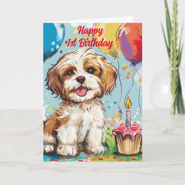 Carte Joyeux 1er Anniversaire Félicitations, Puppy, (Devant)