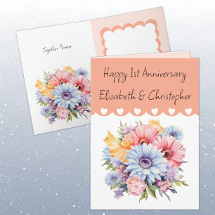 Carte Joyeux 1er Anniversaire fleurs pêche