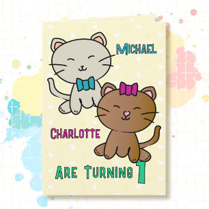 Carte Joyeux 1er anniversaire jumeaux Mignon petit chato