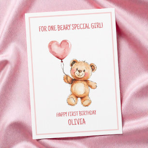 Carte Joyeux 1er Anniversaire Ourson Ballon Rose Mignon