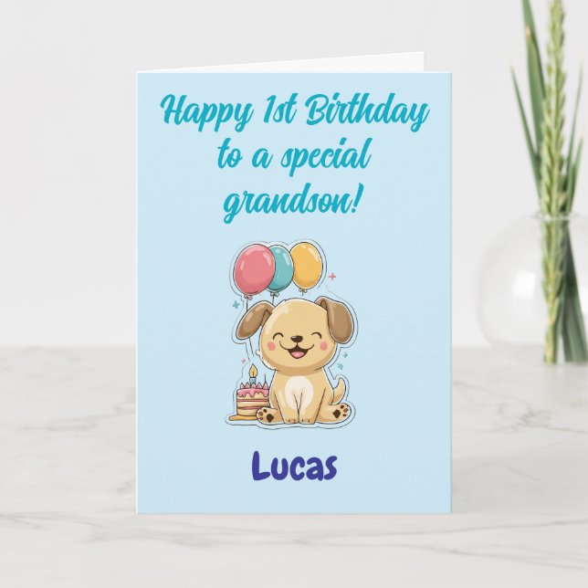 Carte Joyeux 1er Anniversaire Petit-Fils, Joyeux Chien,  (Devant)