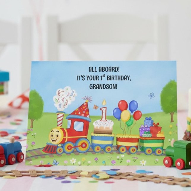 Carte Joyeux 1er Anniversaire Petit-Fils Train d'Anniver (Créateur téléchargé)