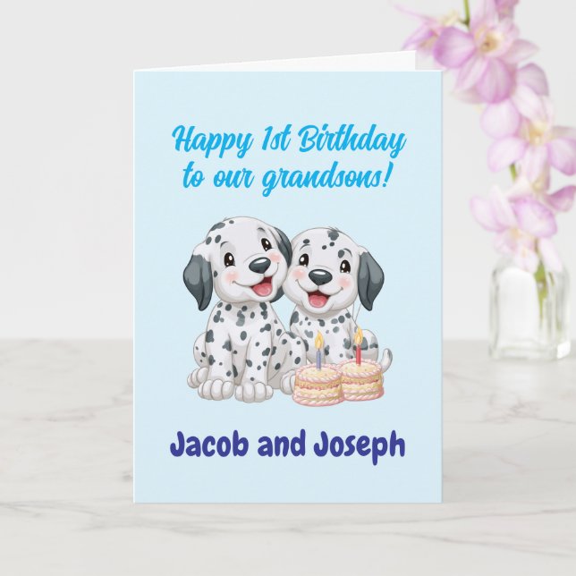 Carte Joyeux 1er anniversaire petits-fils, chiots   (Orchidée)