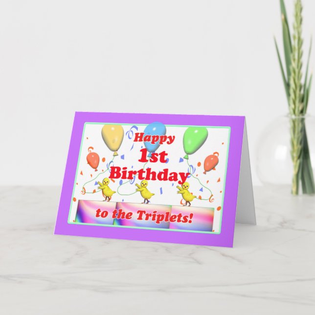 Carte Joyeux 1er Anniversaire Poulets pour Triplets (Devant)