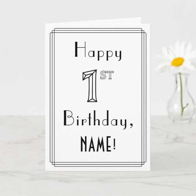 Carte Joyeux 1er anniversaire, style Art déco avec/ Nom  (Petite plante)