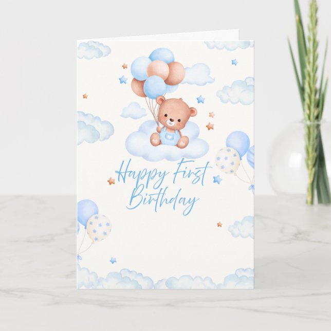 Carte Joyeux 1er Anniversaire, thème bleu (Devant)