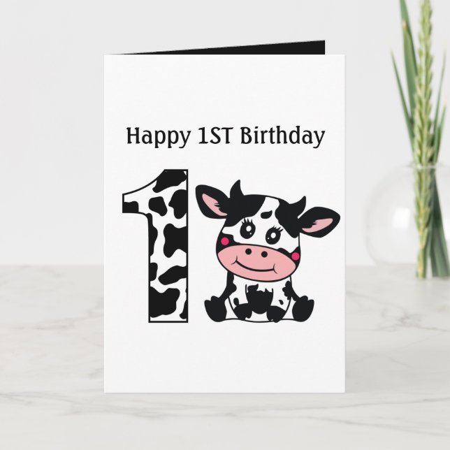 Carte Joyeux 1er anniversaire vache ajouter un message (Devant)