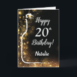 Carte Joyeux 20e anniversaire Black and Gold Parties sci<br><div class="desc">Bonne 20e anniversaire Black and Gold Parties scintillant carte à vin avec nom personnalisé. Pour plus de personnalisation,  cliquez sur le bouton "Customiser" et utilisez notre outil de conception pour modifier ce modèle.</div>