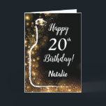 Carte Joyeux 20e anniversaire Black and Gold Parties sci<br><div class="desc">Bonne 20e anniversaire Black and Gold Parties scintillant carte à vin avec nom personnalisé. Pour plus de personnalisation,  cliquez sur le bouton "Customiser" et utilisez notre outil de conception pour modifier ce modèle.</div>