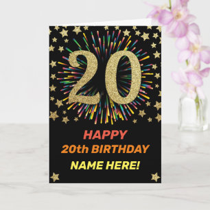 Carte Joyeux 20e anniversaire Black & Gold Rainbow Firew