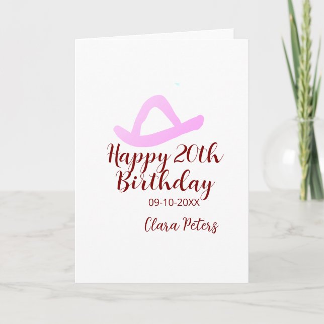 Carte Joyeux 20e anniversaire fille cowboy rose nom date (Devant)