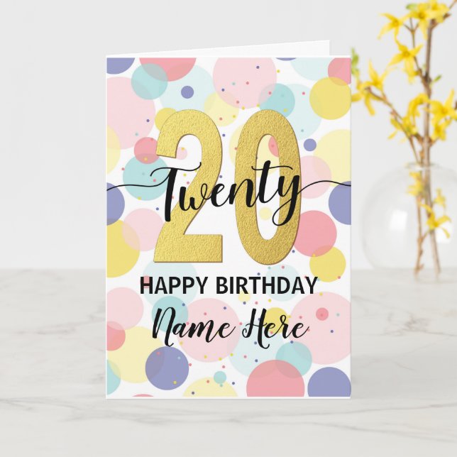 Carte Joyeux 20e anniversaire Pastel Rainbow and Gold Gi (Fleur jaune)