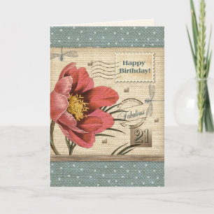 Carte Joyeux 21e anniversaire. Art Floral vintage