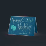 Carte Joyeux 21e anniversaire Nom bleu<br><div class="desc">Un design élégant de typographie ornée aux couleurs masculines pour un 21ème anniversaire. Happy Birthday est placé dans un script décoratif en bleu, et l'âge est dans une police de coordonnées en turquoise doux, avec le nom de votre destinataire, sur un arrière - plan bleu foncé. Vous pouvez modifier le...</div>